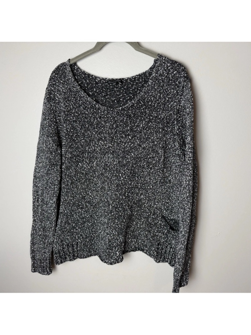 Eileen Fisher Wrapped Cotton Nubble V-Neck Sweater Marled Black Size Large $278